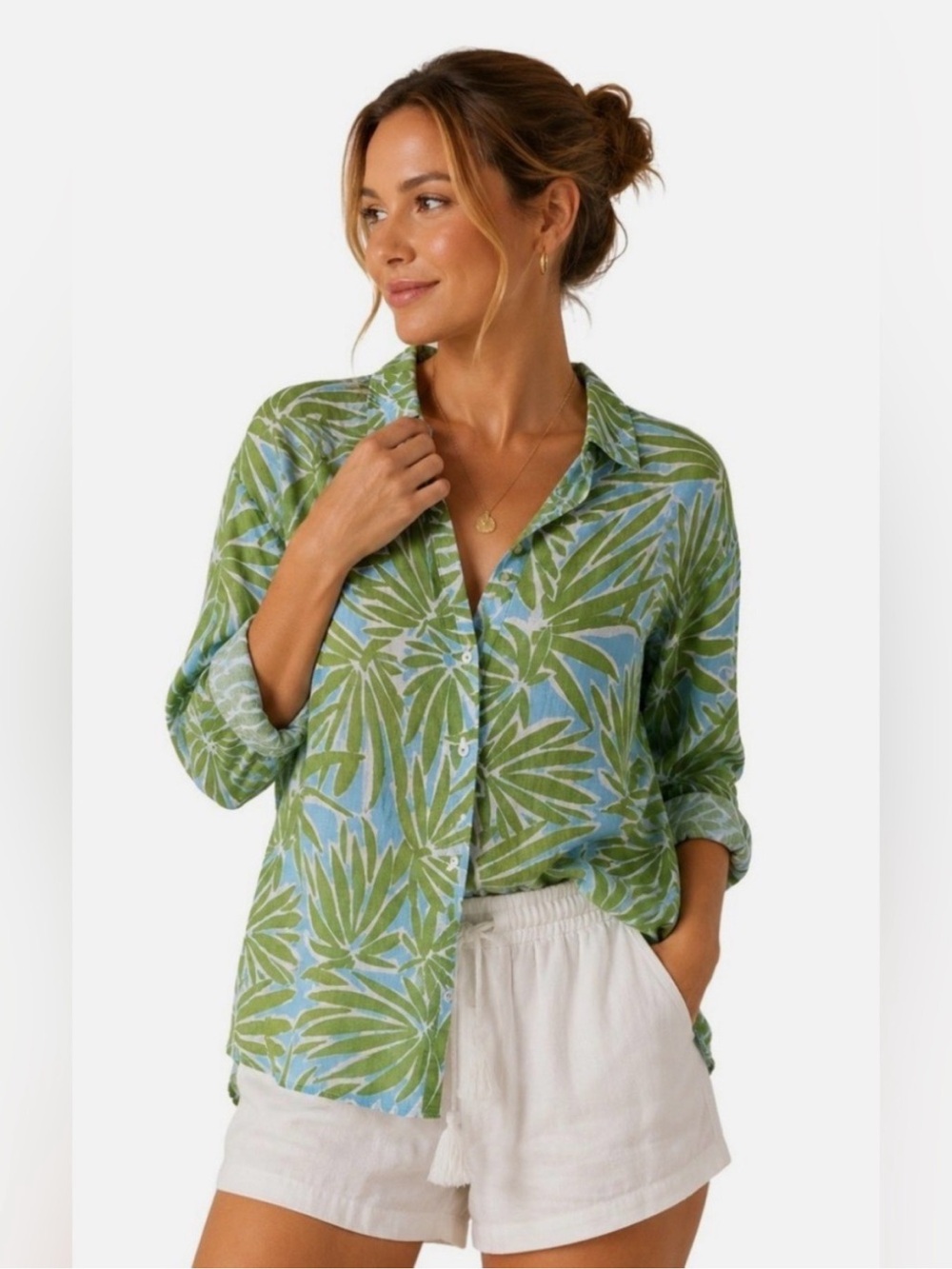 Sigrid Olsen 100% Linen Button Down Long Sleeve Tropical Leaf Print size XL